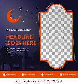 ramadan greeting card design with ramadan kareem cartoon character. Translated: Happy & Holy Ramadan. Month of fasting for Muslims. 