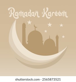 Ramadan Greeting Card Design with Mosque Silhouette, Stars and Crescent Moon