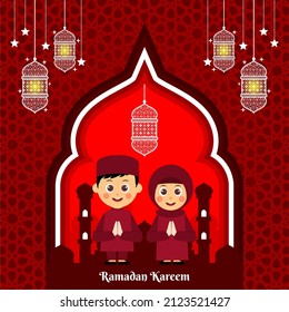 Ramadan Greeting Card Designs With Ramadan Kareem Cartoon Character Design.Translated Happy And Holy Ramadan. Month Of Fasting For Muslims.