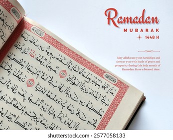 Ramadan greeting card featuring Quran and a message of blessings and prosperity.