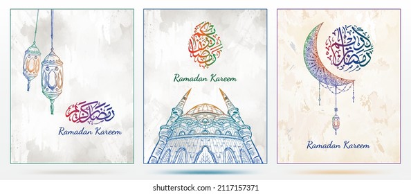 Ramadan greeting card with hand drawn lantern, mosque, crescent moon, mandala and calligraphy. engraving style with grunge background. Arabic letters meaning a month full of goodness and blessings.