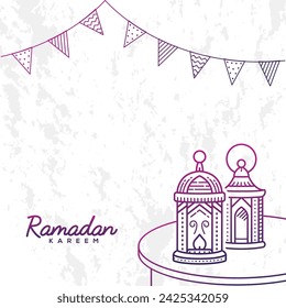 Ramadan greeting card with hand drawn lantern and hanging flag on grunge background