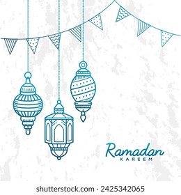 Ramadan Grußkarte mit handgezeichneter Laterne und Hängeflagge auf Grunge Hintergrund
