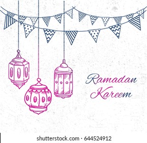 Ramadan greeting card with hand drawn lantern and bunting flag on grunge background