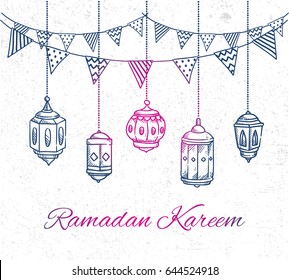 Ramadan greeting card with hand drawn lantern and bunting flag on grunge background