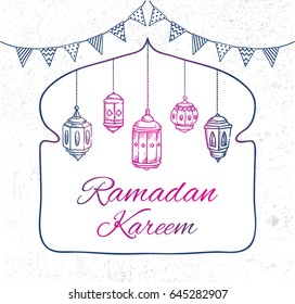 Ramadan greeting card with hand drawn lantern and bunting flag on grunge background