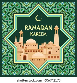 Ramadan greeting card with the image of the ancient Middle Eastern town with mosques and minarets decorated by a pattern in Mauritian style. Vector template