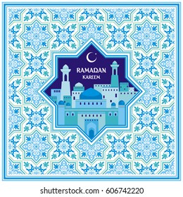 Ramadan greeting card with the image of the ancient Middle Eastern town with mosques and minarets decorated by a pattern in Mauritian style. Vector template
