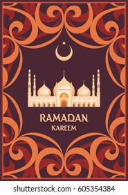 Ramadan greeting card with the image of the big beautiful mosque and east ornament in Moorish style. Vector template