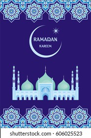 Ramadan greeting card with the image of the big beautiful mosque and east ornament in Moorish style. Vector template