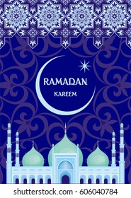 Ramadan greeting card with the image of the big beautiful mosque and east ornament in Moorish style. Vector template