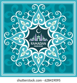 Ramadan greeting card with the image of the mosque, minarets  and middle east ornament in Moorish style. Vector template