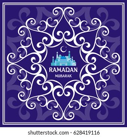 Ramadan greeting card with the image of the mosque, minarets  and middle east ornament in Moorish style. Vector template