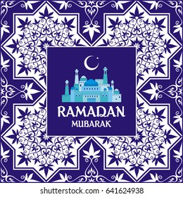 Ramadan greeting card with the image of the mosque, minarets and Middle East pattern in Moorish style. Vector template