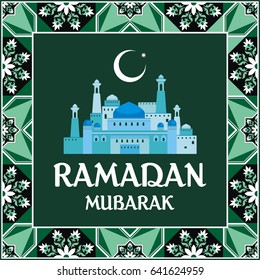 Ramadan greeting card with the image of the mosque, minarets and Middle East pattern in Moorish style. Vector template.