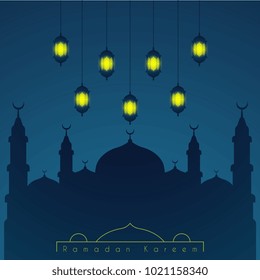 Ramadan greeting card. Islamic background with glowing arabic chandeliers