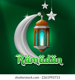 ramadan greeting card. islamic celebration poster decorated with moon, lantern and stars. isolated on green background. vector illustration