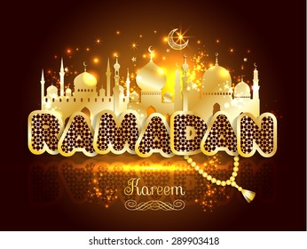 Ramadan greeting card. Islamic vector illustration in gold.