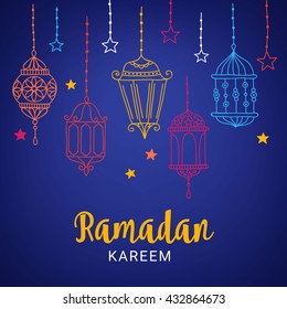 Ramadan greeting card with lanterns and stars. Perfect for Islamic holidays. Vector illustration