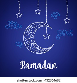 Ramadan greeting card with moon, clouds and stars. Perfect for Islamic holidays. Vector illustration