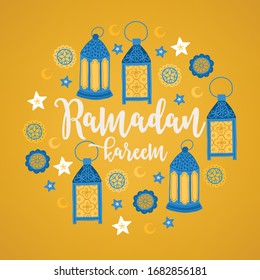 Ramadan greeting card with moon, stars, lantern on gold background. Circle ornament. Perfect for islamic holidays. Vector illustration