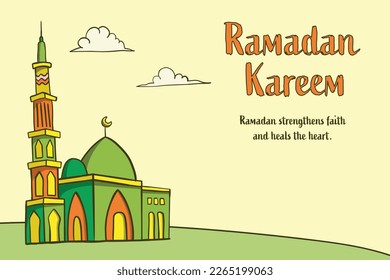 ramadan greeting card with mosque hand drawn design concept. vector illustration