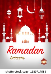 Ramadan greeting card. Mosque with islamic symbols. Vector illustration.