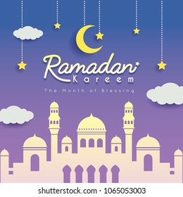 Ramadan greeting card. Mosque  silhouette with crescent moon, stars and clouds as background. Vector illustration. Ramadan Kareem means Ramadan the Generous Month.