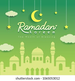 Ramadan greeting card. Mosque  silhouette with crescent moon, stars and clouds as background. Vector illustration. Ramadan Kareem means Ramadan the Generous Month.