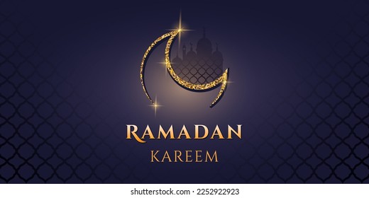 Ramadan greeting card with mosque silhouette, gold moon, pattern. Realistic 3d banner for celebration Holy Month of Muslim Community. Islamic National religious holiday. Eid mubarak banner. Vector 