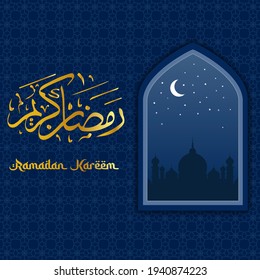 Ramadan greeting card with mosque window. Arabic calligraphy with the meaning of Ramadan Kareem. Vector illustration. Ramadhan month.