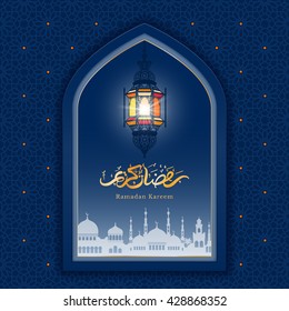 Ramadan greeting card with mosque window and arabic lamp. Ramadan Kareem calligraphy. Vector illustration. Translation : Ramadan Kareem.