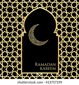 Ramadan greeting card on black background. Vector illustration. Ramadan Kareem means Ramadan is generous.