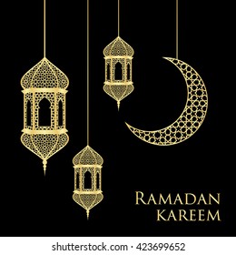 Ramadan greeting card on black background. Vector illustration. Ramadan Kareem means Ramadan is generous.