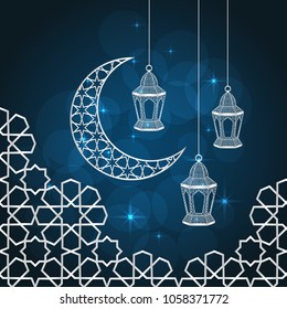 Ramadan greeting card on blue background. Vector illustration.