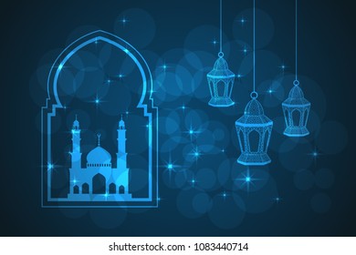 Ramadan greeting card on blue background. Vector illustration.