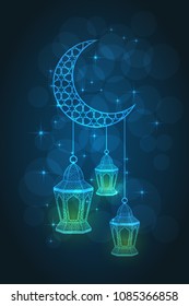 Ramadan greeting card on blue background. Vector illustration.