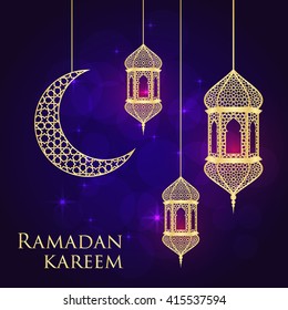 Ramadan greeting card on blue background. Vector illustration. Ramadan Kareem means Ramadan is generous.
