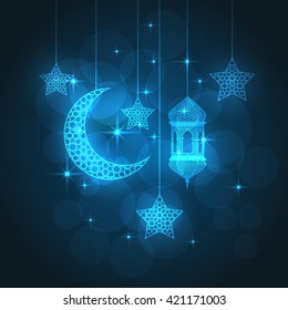 Ramadan greeting card on blue background. Vector illustration. Ramadan Kareem means Ramadan is generous.