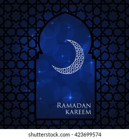 Ramadan greeting card on blue background. Vector illustration. Ramadan Kareem means Ramadan is generous.