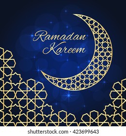 Ramadan greeting card on blue background. Vector illustration. Ramadan Kareem means Ramadan is generous.