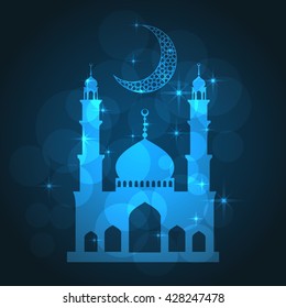 Ramadan greeting card on blue background. Vector illustration. Ramadan Kareem means Ramadan is generous.