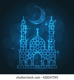 Ramadan greeting card on blue background. Vector illustration. Ramadan Kareem means Ramadan is generous.