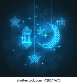 Ramadan greeting card on blue background. Vector illustration. Ramadan Kareem means Ramadan is generous.