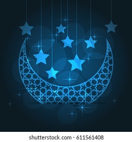 Ramadan greeting card on blue background. Vector illustration.