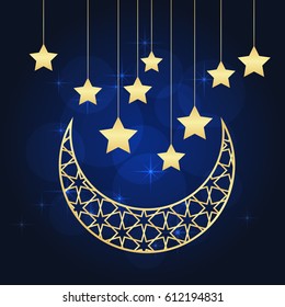 Ramadan greeting card on blue background. Vector illustration.