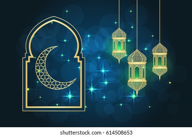 Ramadan greeting card on blue background. Vector illustration. Ramadan Kareem means Ramadan is generous