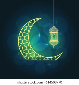 Ramadan greeting card on blue background. Vector illustration. 