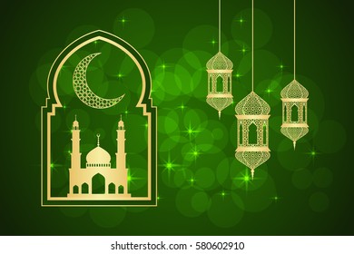 Ramadan greeting card on green  background. Vector illustration. Ramadan Kareem means Ramadan is generous.