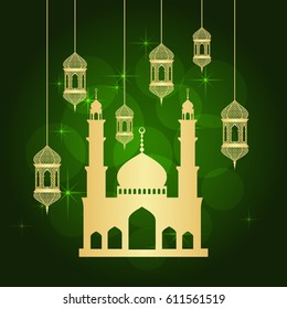 Ramadan greeting card on green background. Vector illustration.